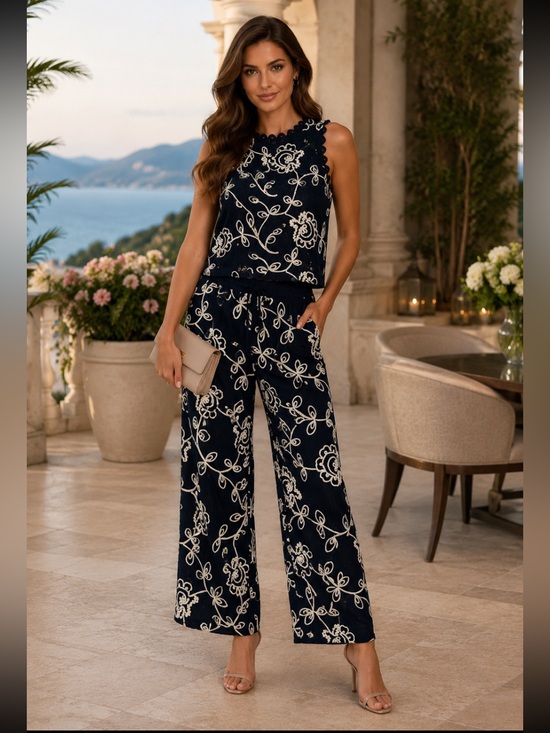 Solitaire Pants - New Solitaire Navy and White Floral Wide-Leg Jumpsuit M